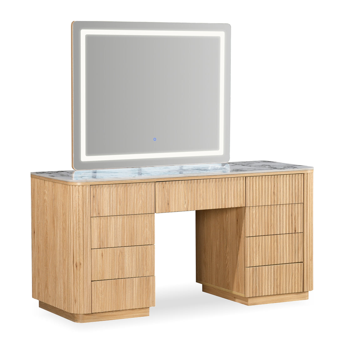 Modern vanity table with drawers and illuminated mirror on a white background