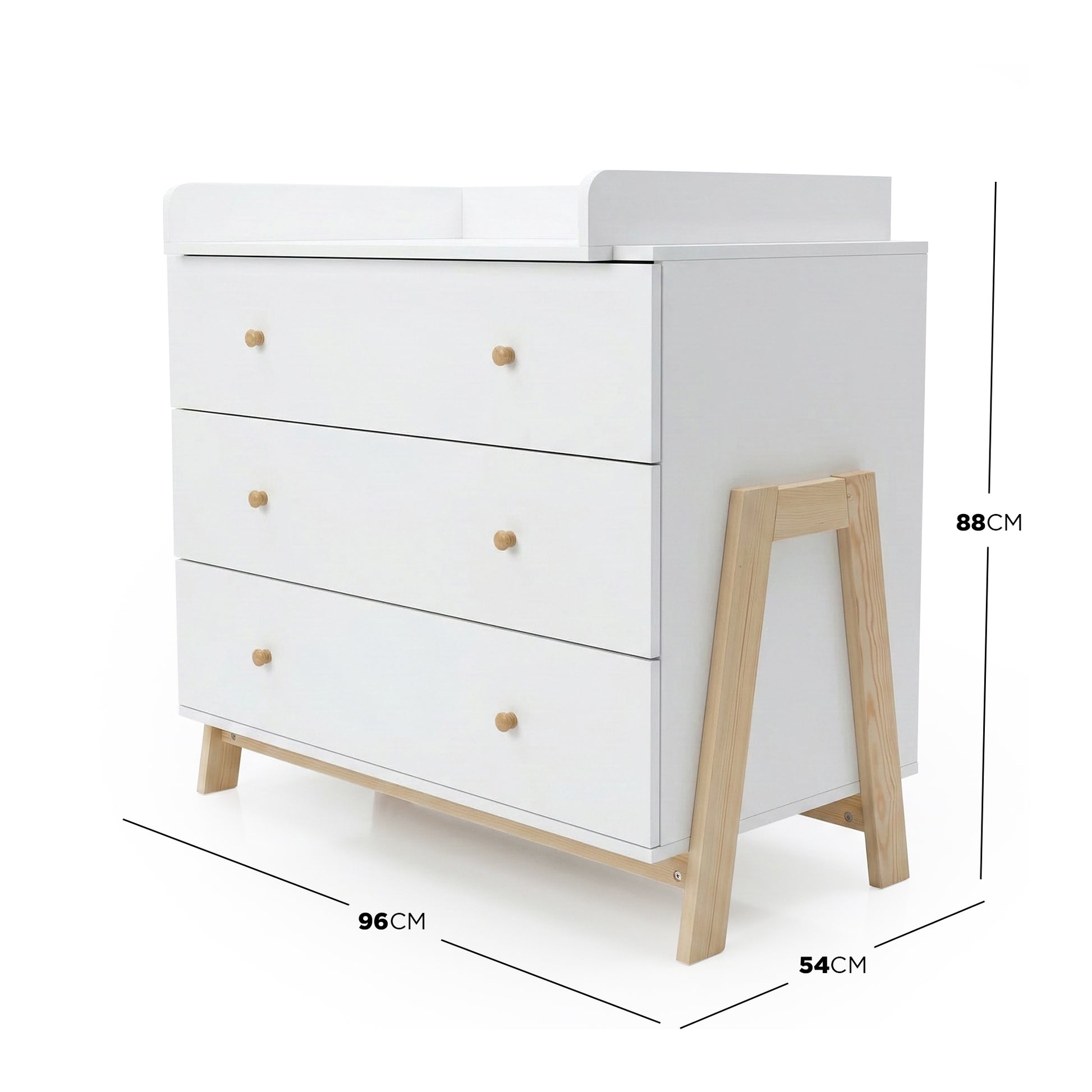 Three-drawer dresser with dimensions marked (88cm H x 96cm W x 54cm D) on a white background