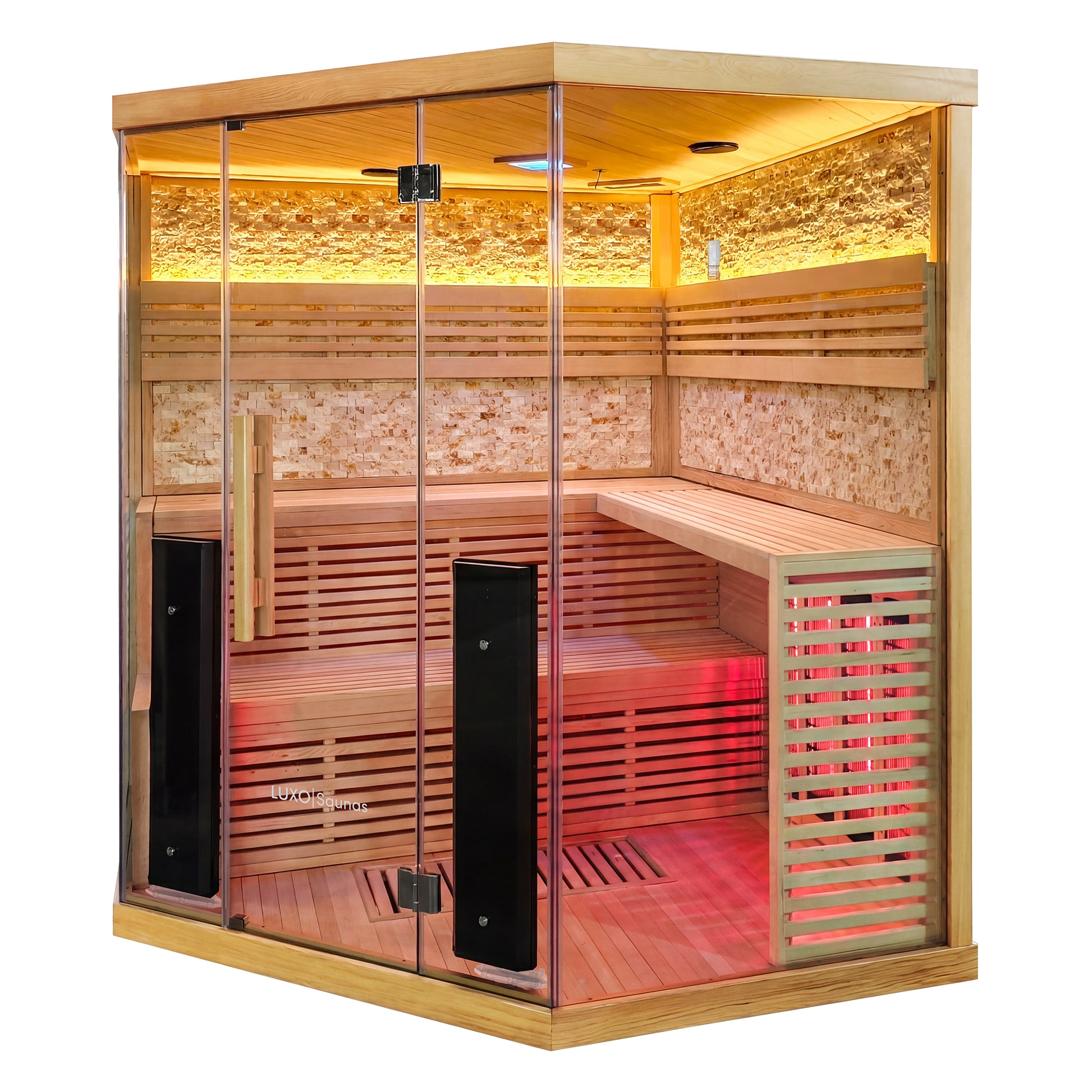 Three-sided glass-enclosed wooden sauna on a white background with warm interior lighting.