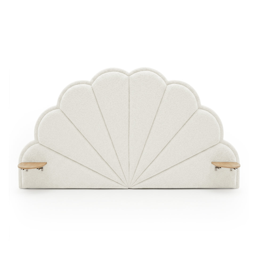 Plush shell-shaped upholstered headboard with wooden shelves on white background