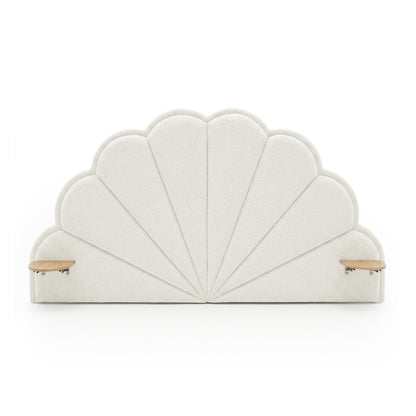 Plush shell-shaped upholstered headboard with wooden shelves on white background