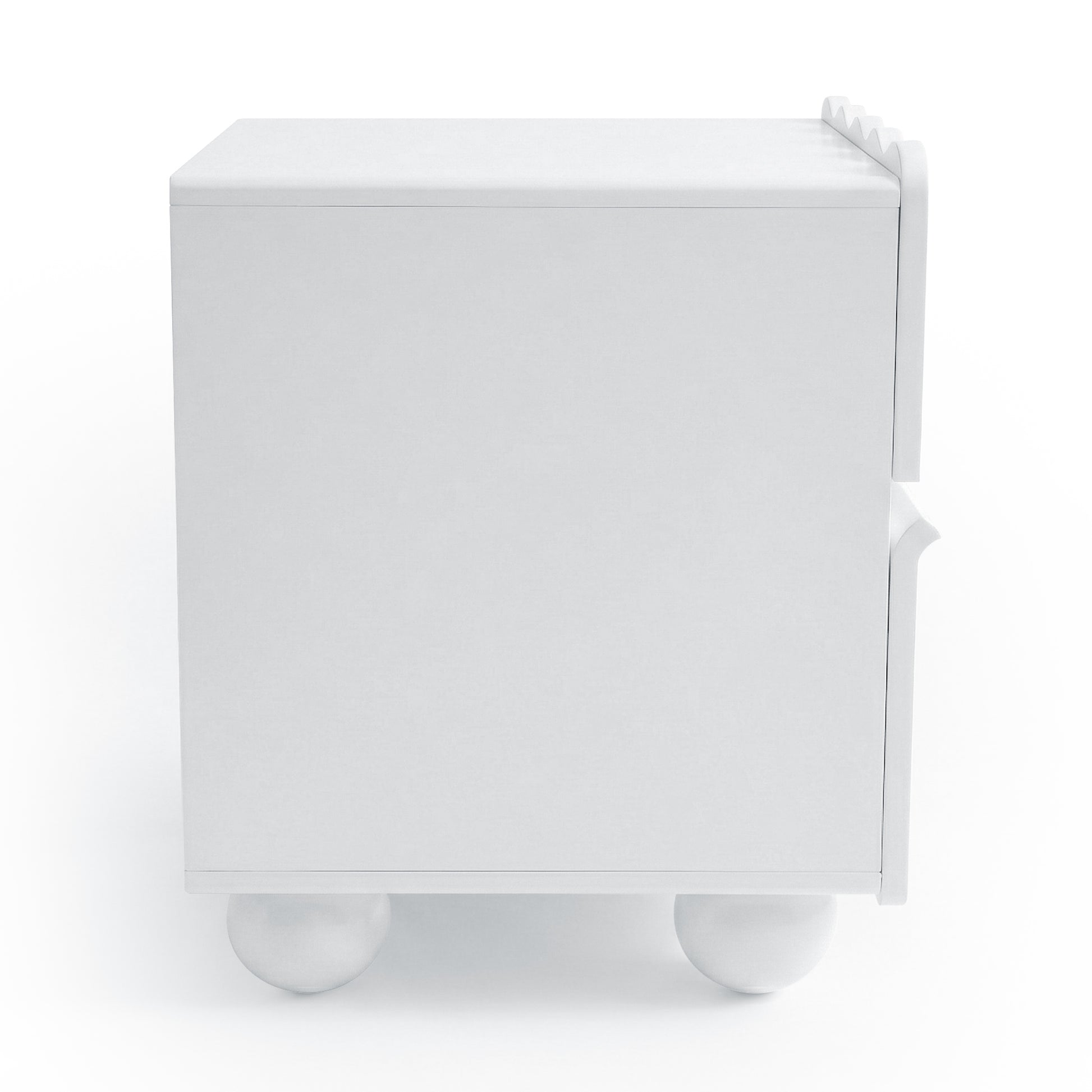 White boxy cabinet with handles and ball feet on white background