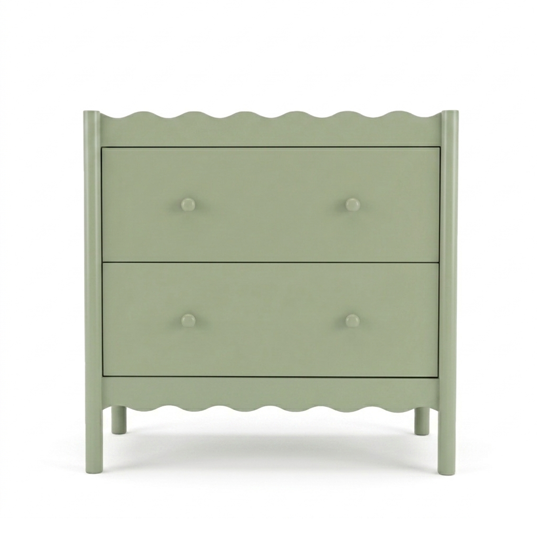 Sage green two-drawer dresser with wavy edges on a white background
