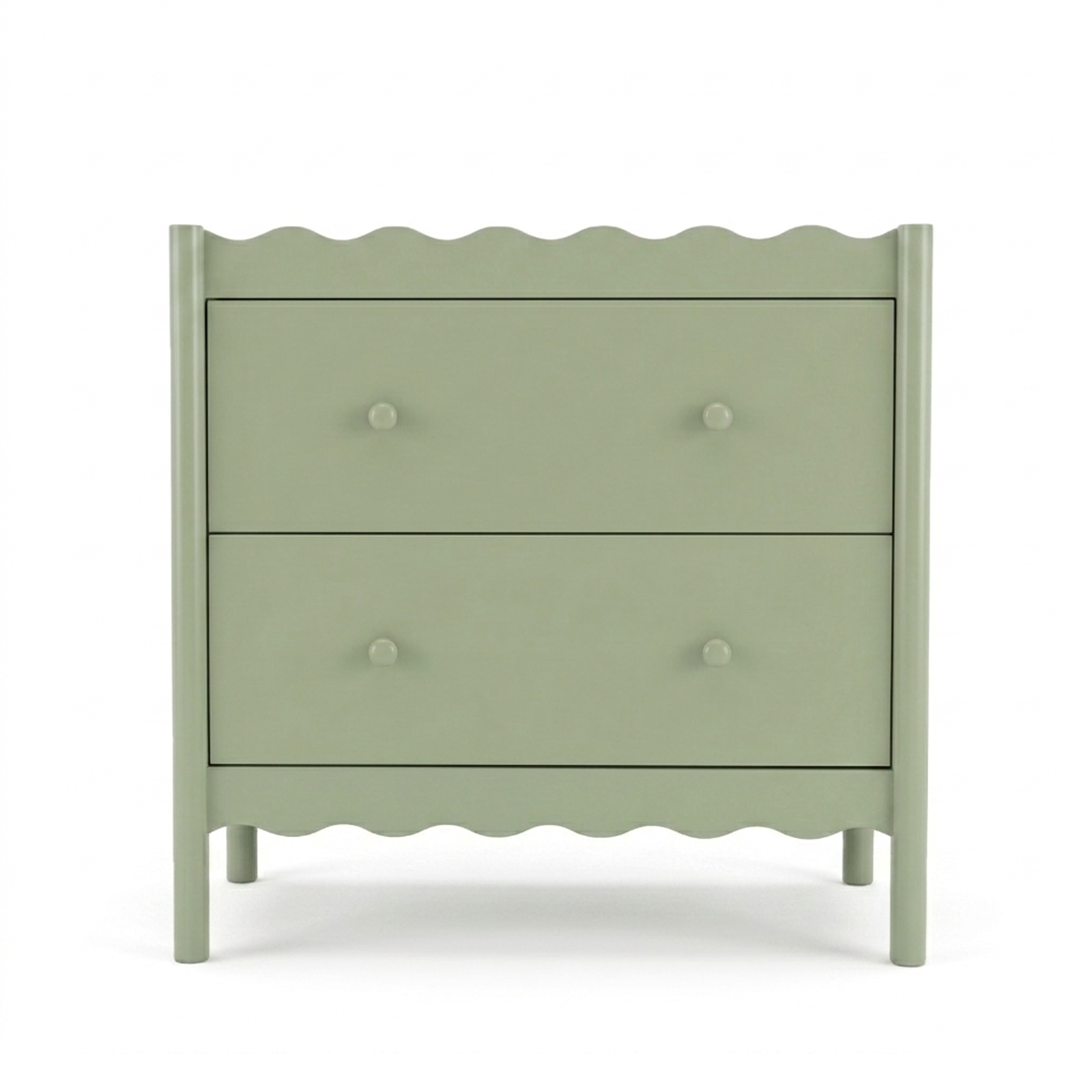 Sage green two-drawer dresser with wavy edges on a white background