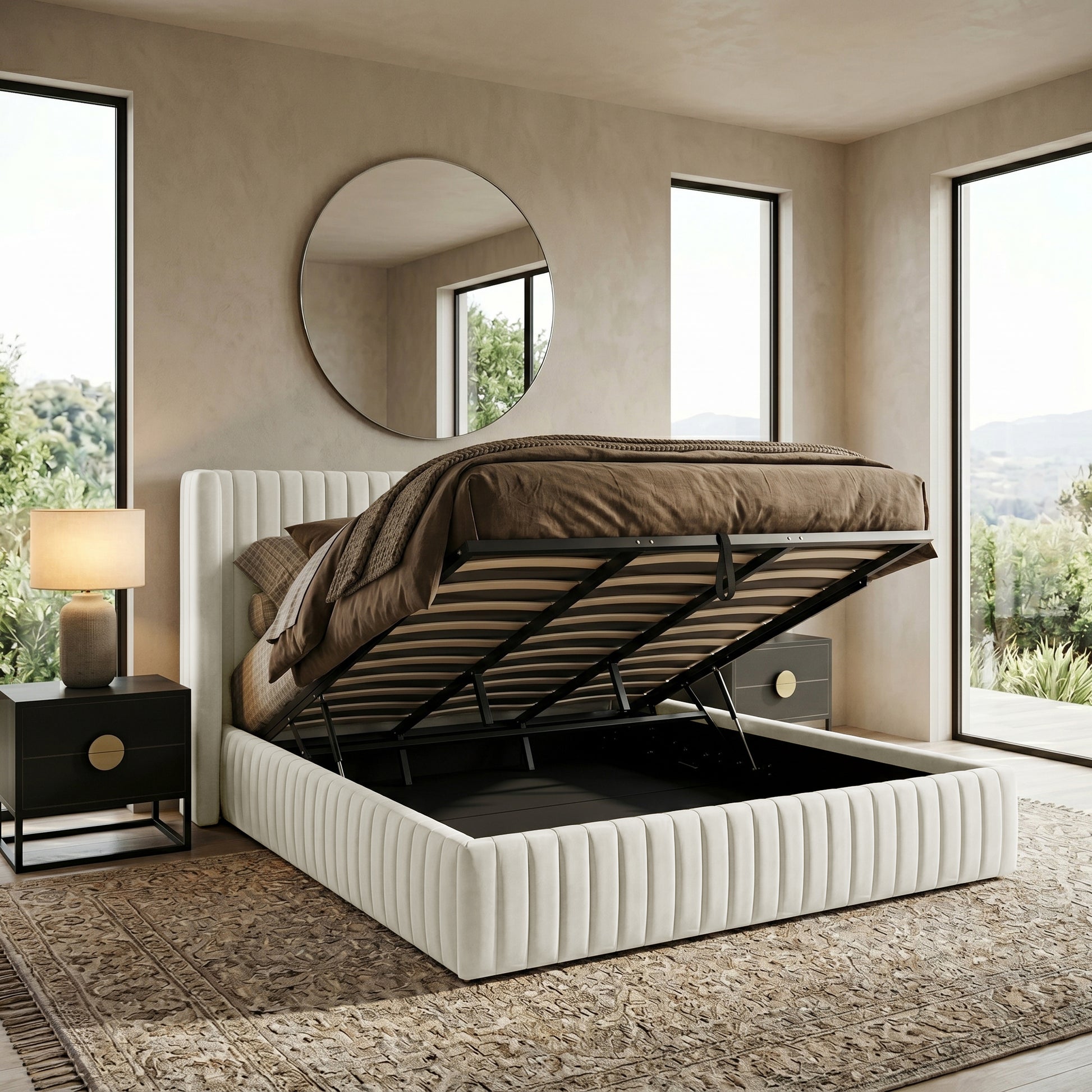 Cream upholstered bed with open storage in styled bedroom setting