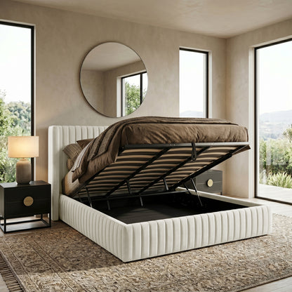 Cream upholstered bed with open storage in styled bedroom setting