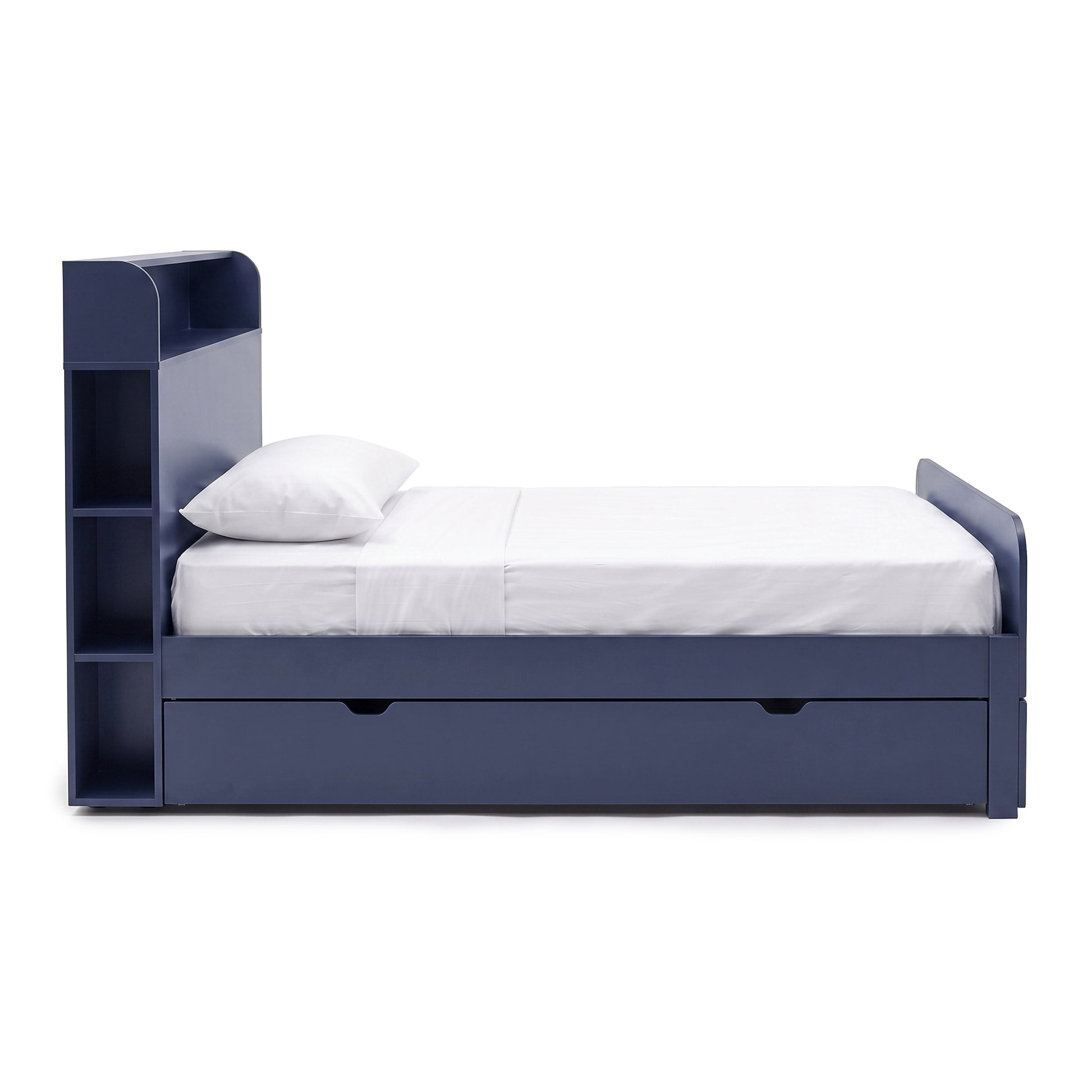 Blue single bed with bookshelf headboard and storage drawer on a white background