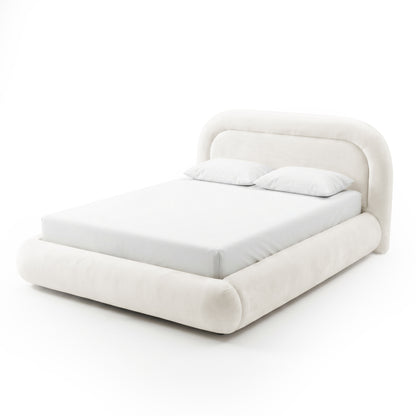 Contemporary upholstered bed frame with mattress and pillows on white background