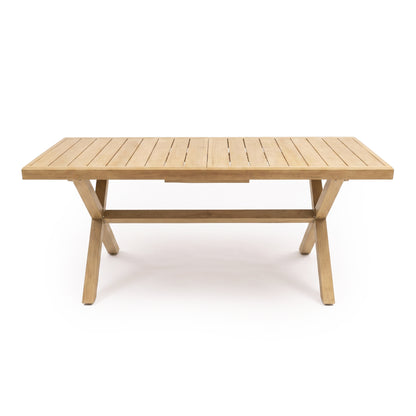 Rectangular wooden table with slatted top and crossed legs on white background