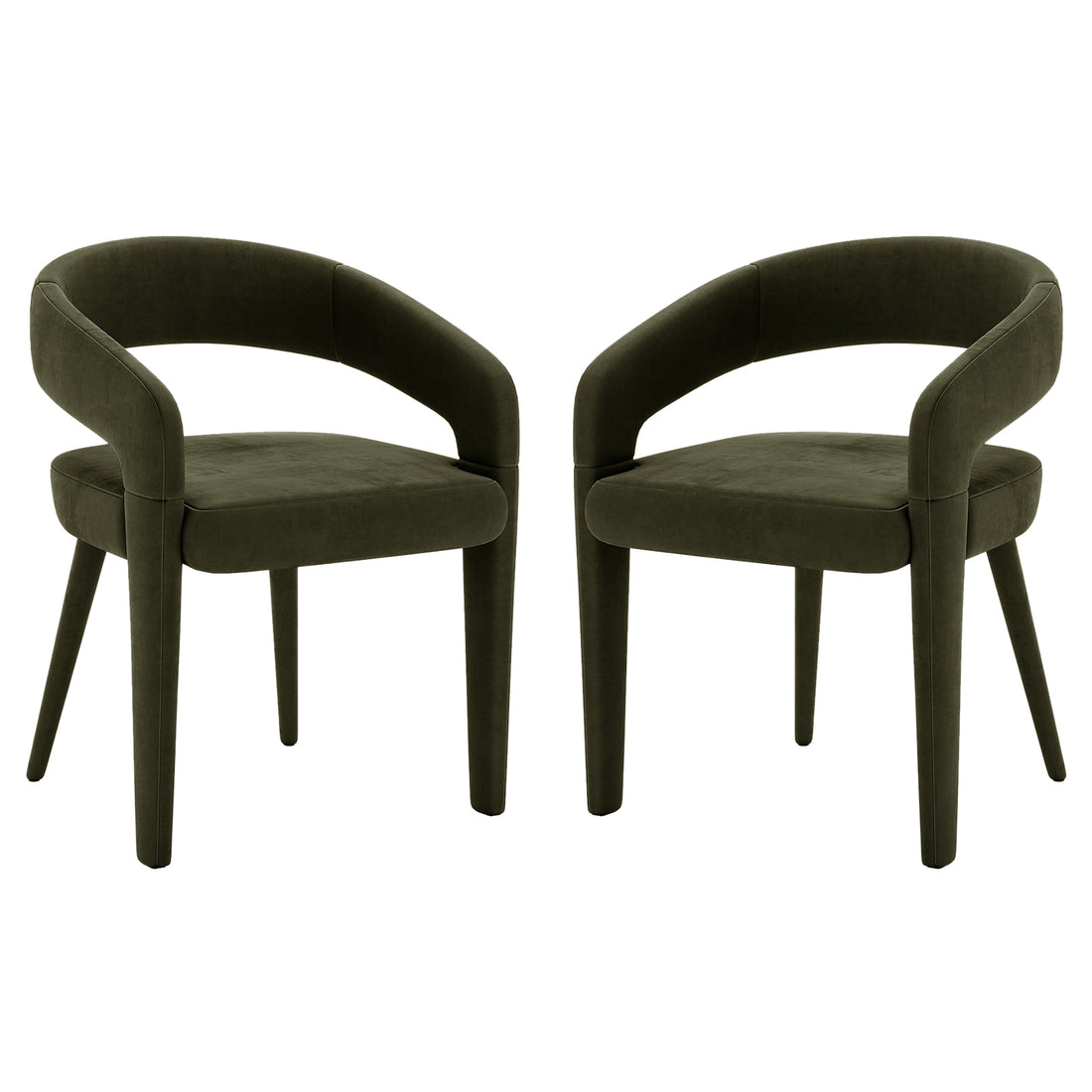Eisha Velvet Dining Chair Set of 2 in Woodland Green features curved open backrests, plush upholstery, and tapered legs, offering modern elegance and comfort, ideal for enhancing dining spaces.