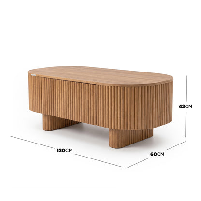 Oval wooden coffee table on white background with dimensions shown