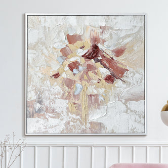 Bloom Framed Canvas Wall Art 105 x 105cm in White features textured abstract brushstrokes in soft tones, framed in a slim metal, enhancing modern interiors with its gallery-like presence.
