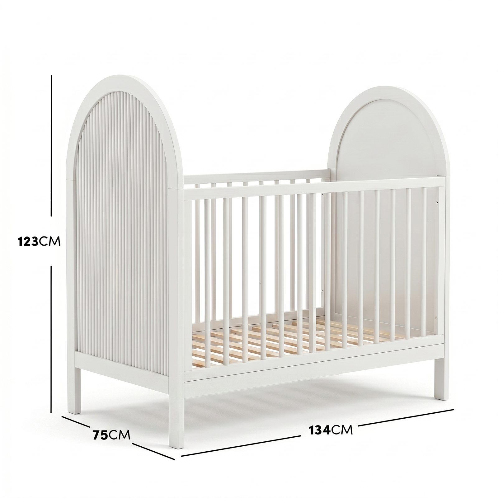White baby crib on white background with height, width, and length dimensions displayed