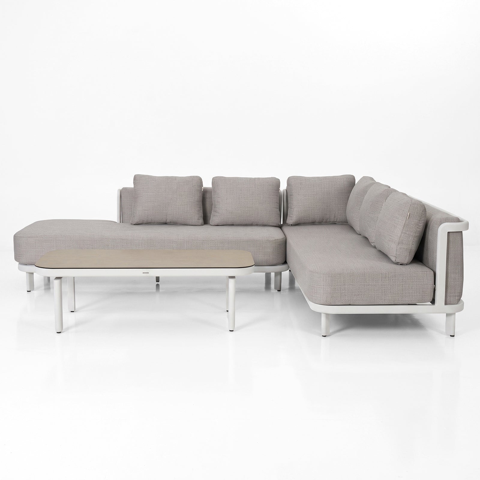 Modern L-shaped sectional sofa with built-in coffee table on a white background.