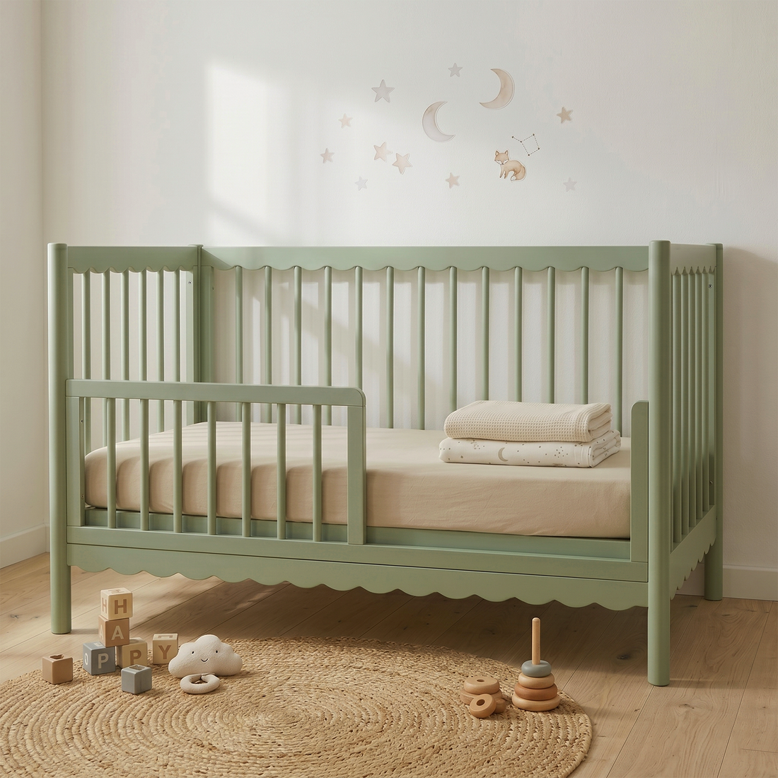 Sage green toddler bed in a styled nursery setting