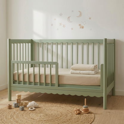 Sage green toddler bed in a styled nursery setting