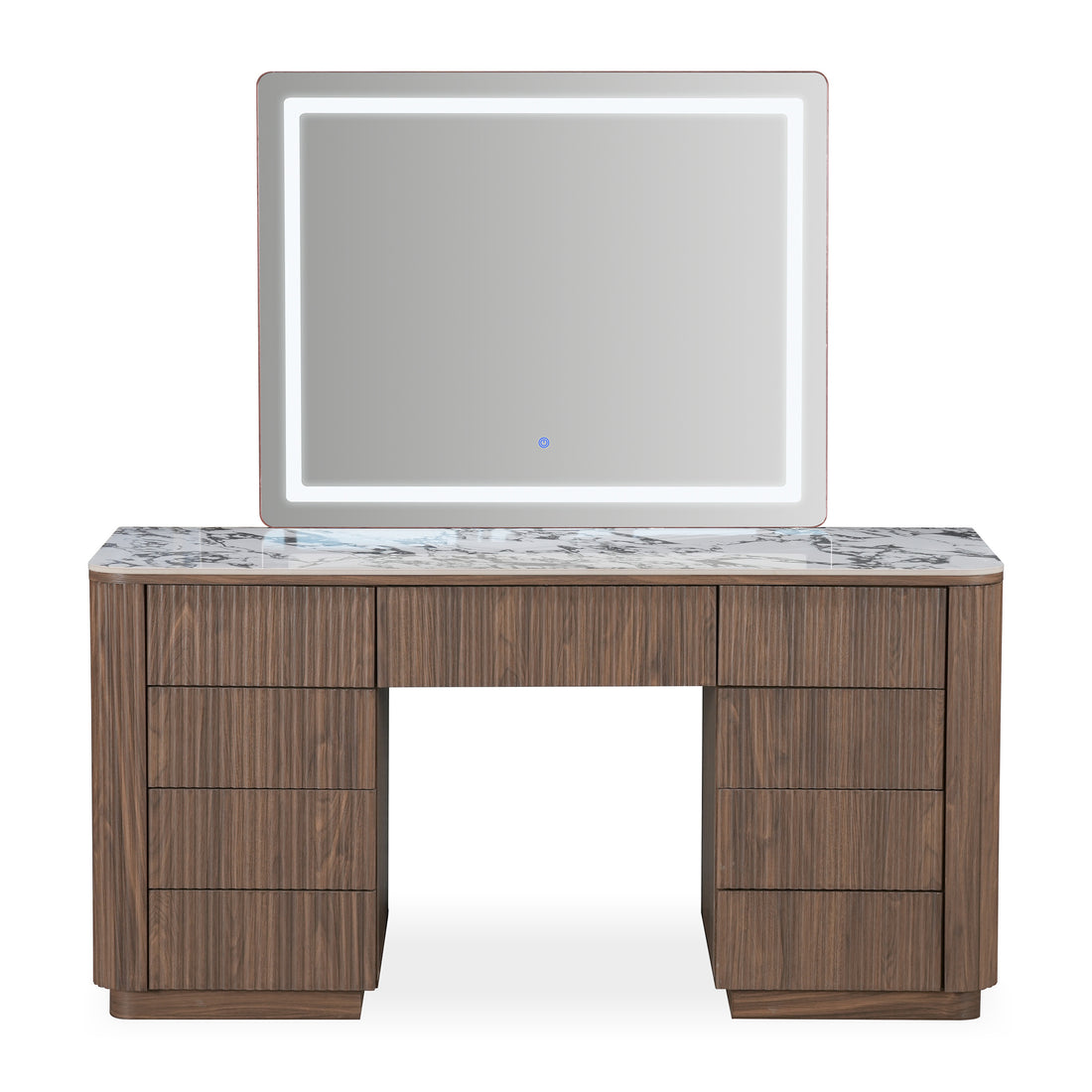 Complete vanity set with lit mirror and wood drawers on a white background