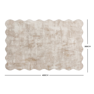 Beige wavy-edged rug with 400cm by 300cm dimensions shown on a white background