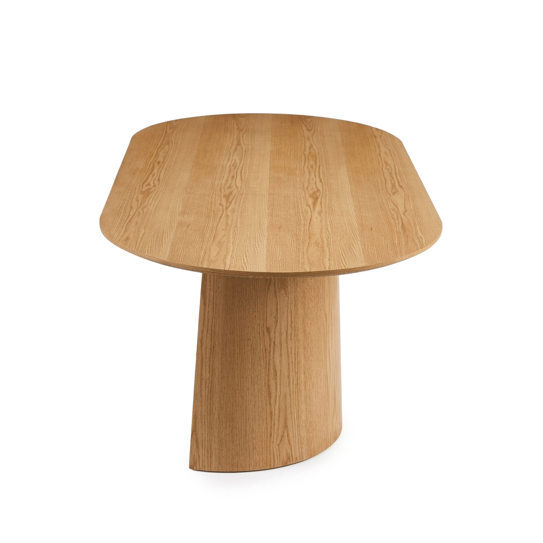 Wooden table with rounded rectangular top and cylindrical base on white background