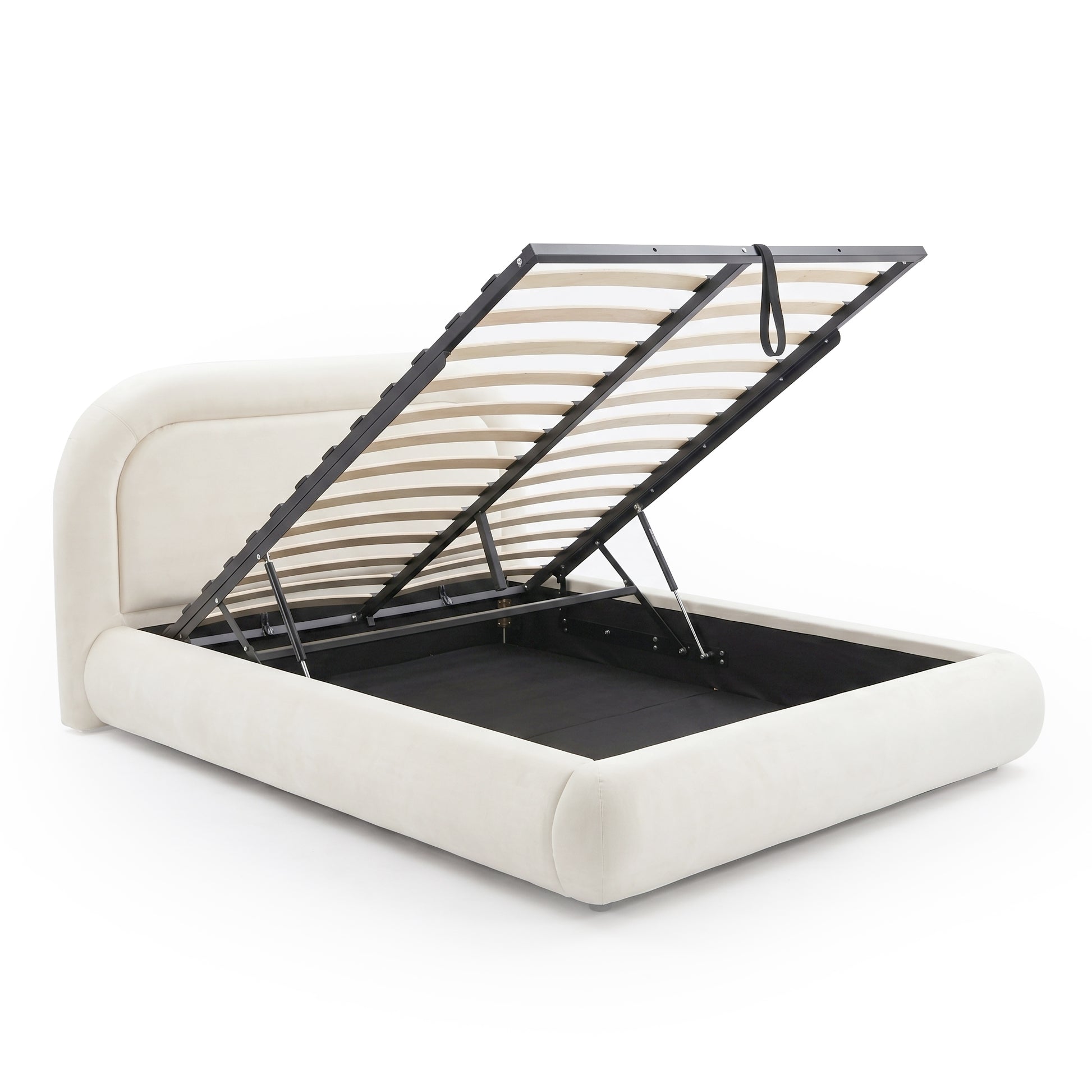 Storage bed frame with lifted slatted base on white background