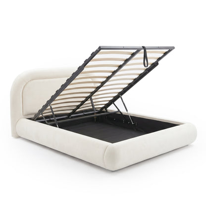 Storage bed frame with lifted slatted base on white background
