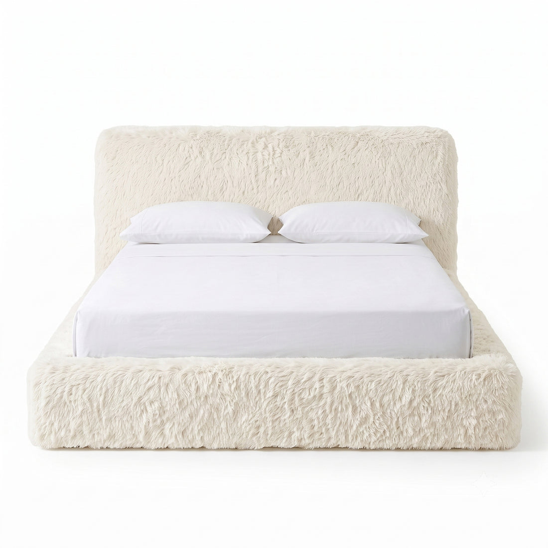 Full plush upholstered bed on a white background