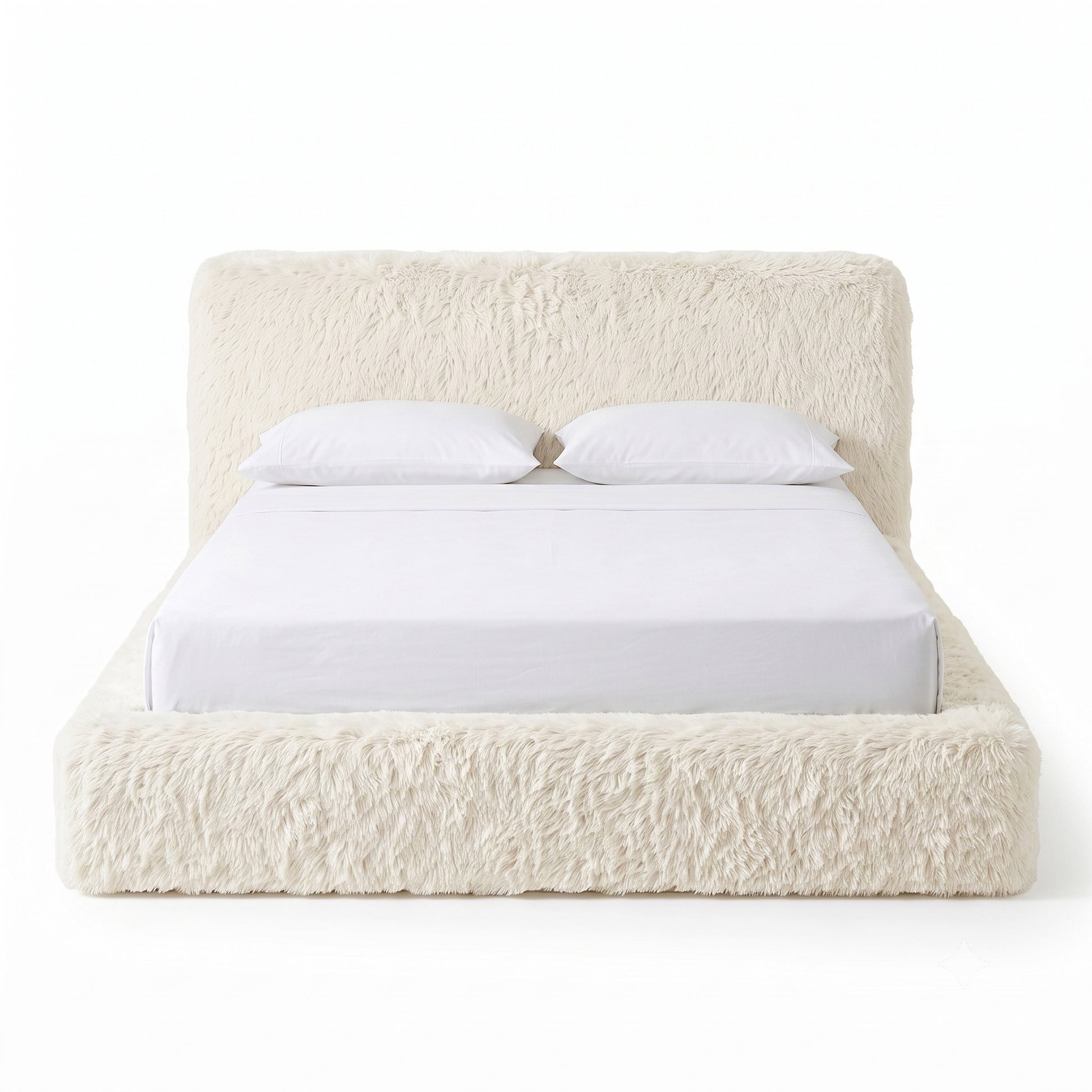 Full plush upholstered bed on a white background