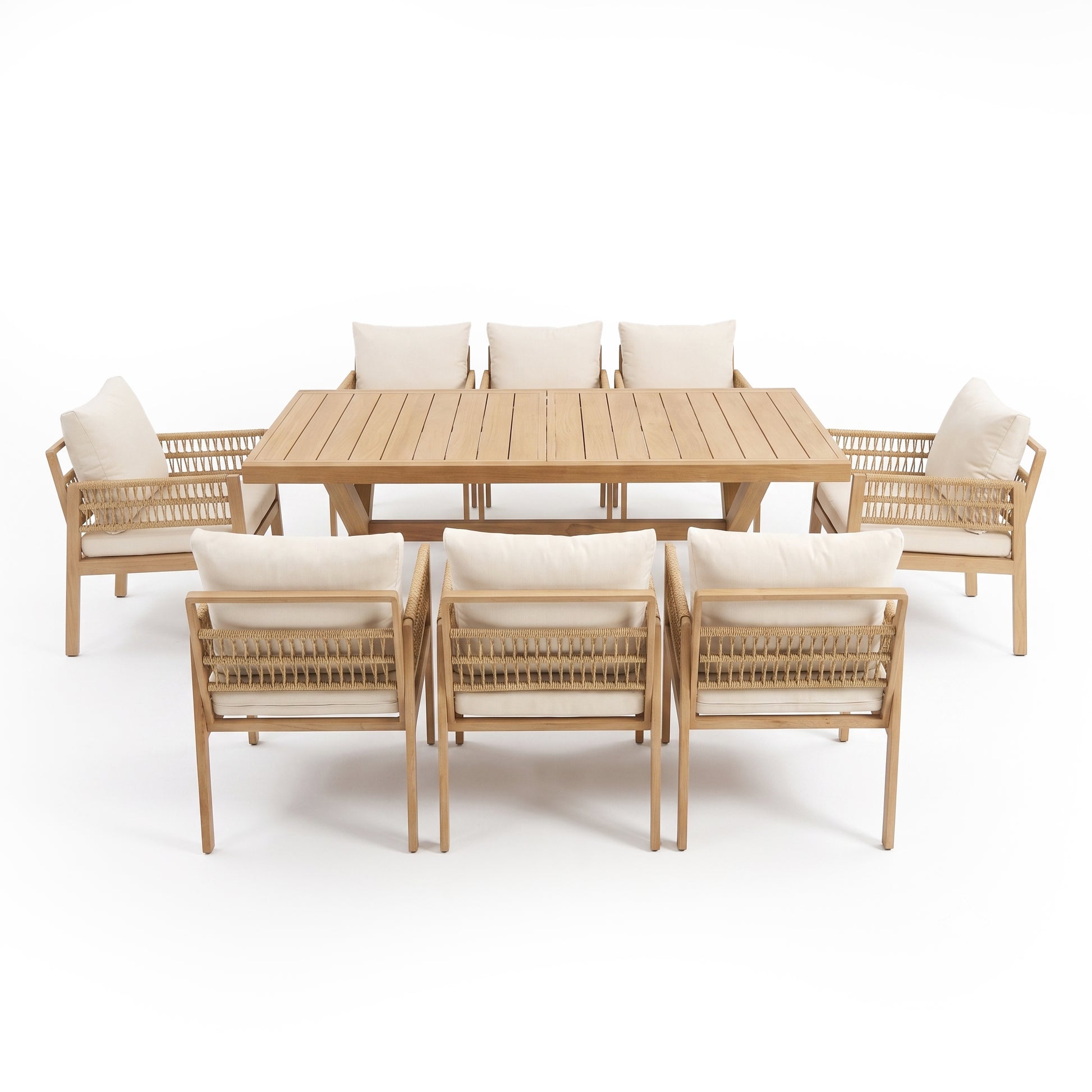 Complete wooden dining set with six chairs on white background