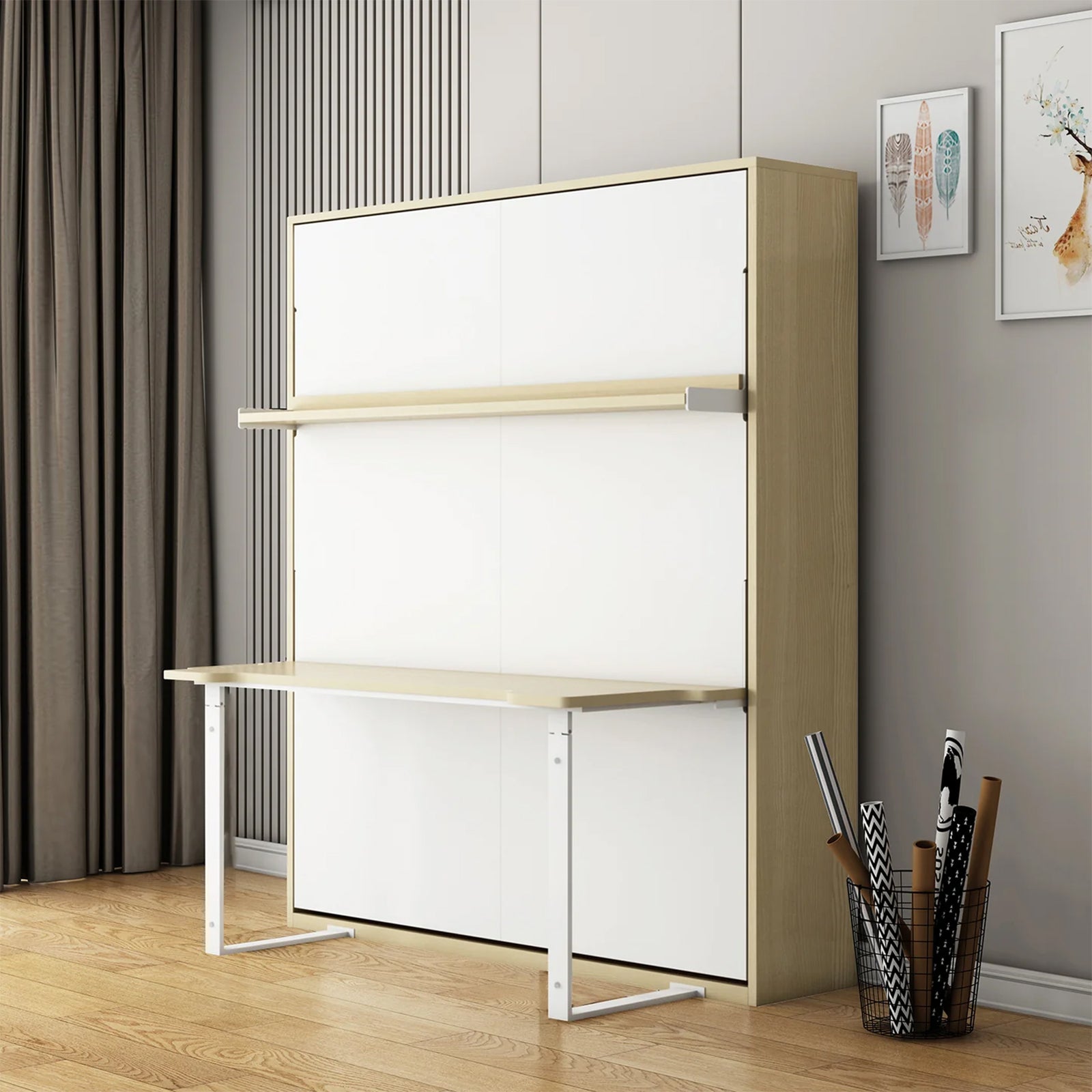 Logan Queen Murphy Bed & Cybele Mattress in White Natural features a sleek wall bed with a fold-down desk, integrated shelf, and black wire basket, perfect for a compact home-office setup.