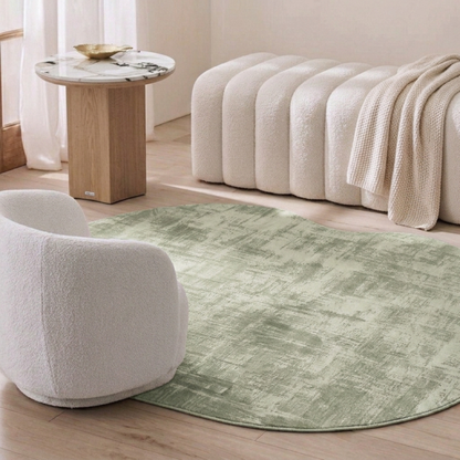 Light green textured rug in a modern living room with furniture and decor