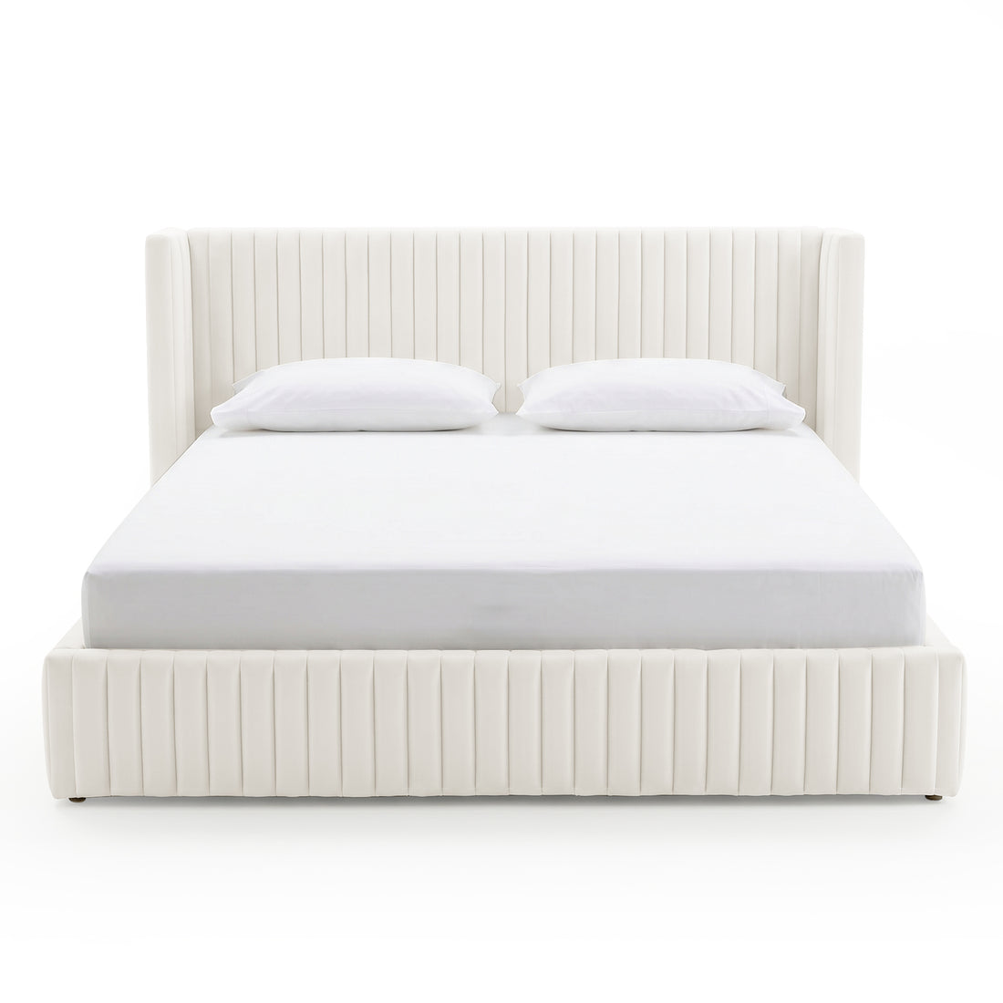 Upholstered bed with vertical channel quilting on white background