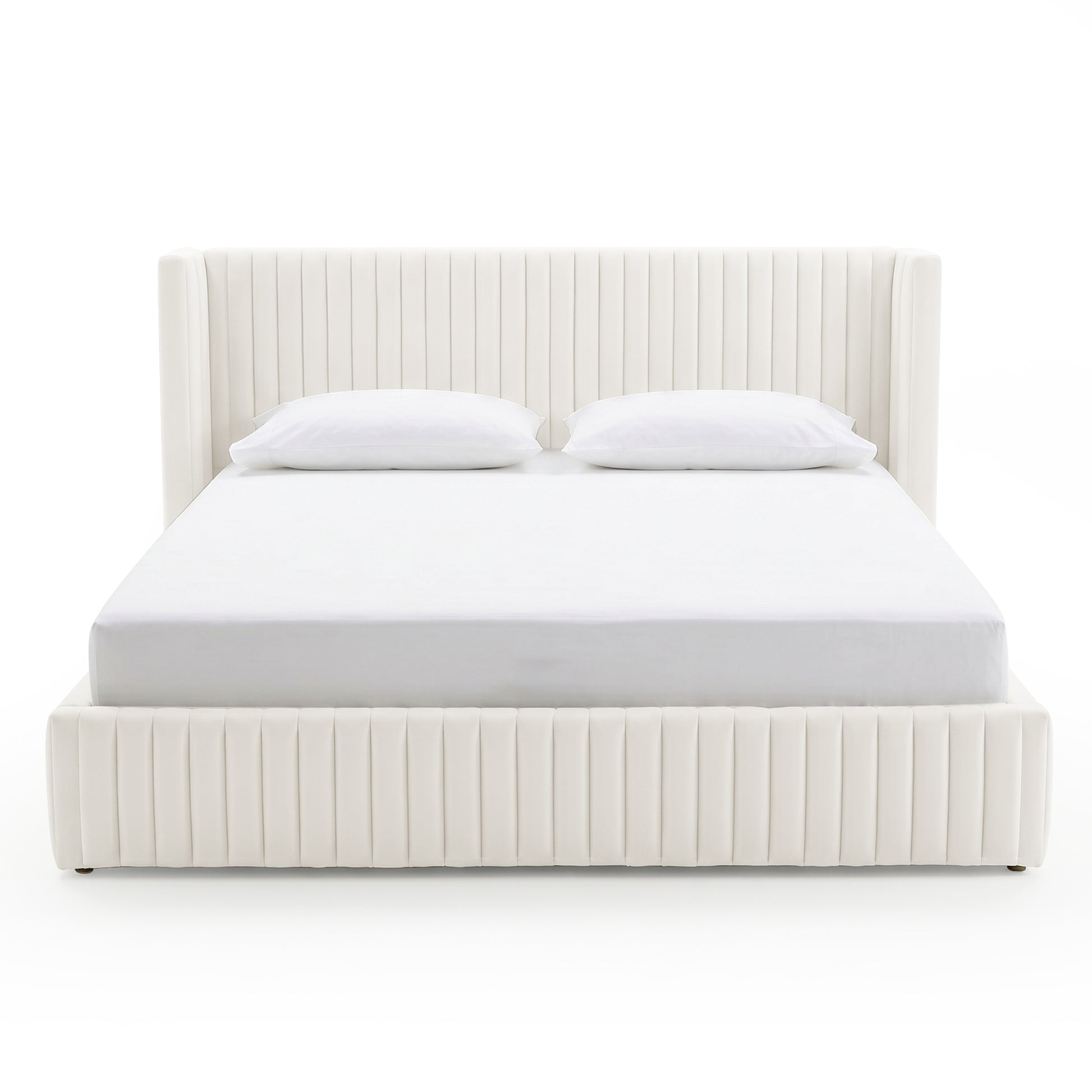 Upholstered bed with vertical channel quilting on white background