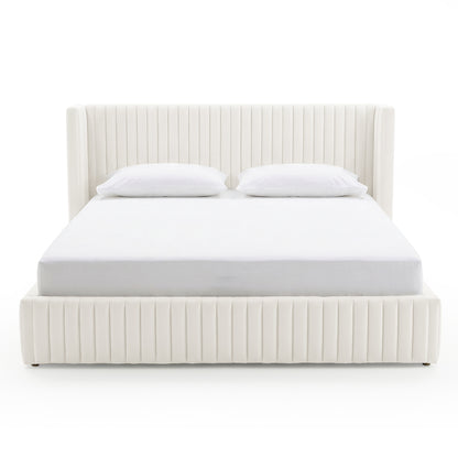 Upholstered bed with vertical channel quilting on white background