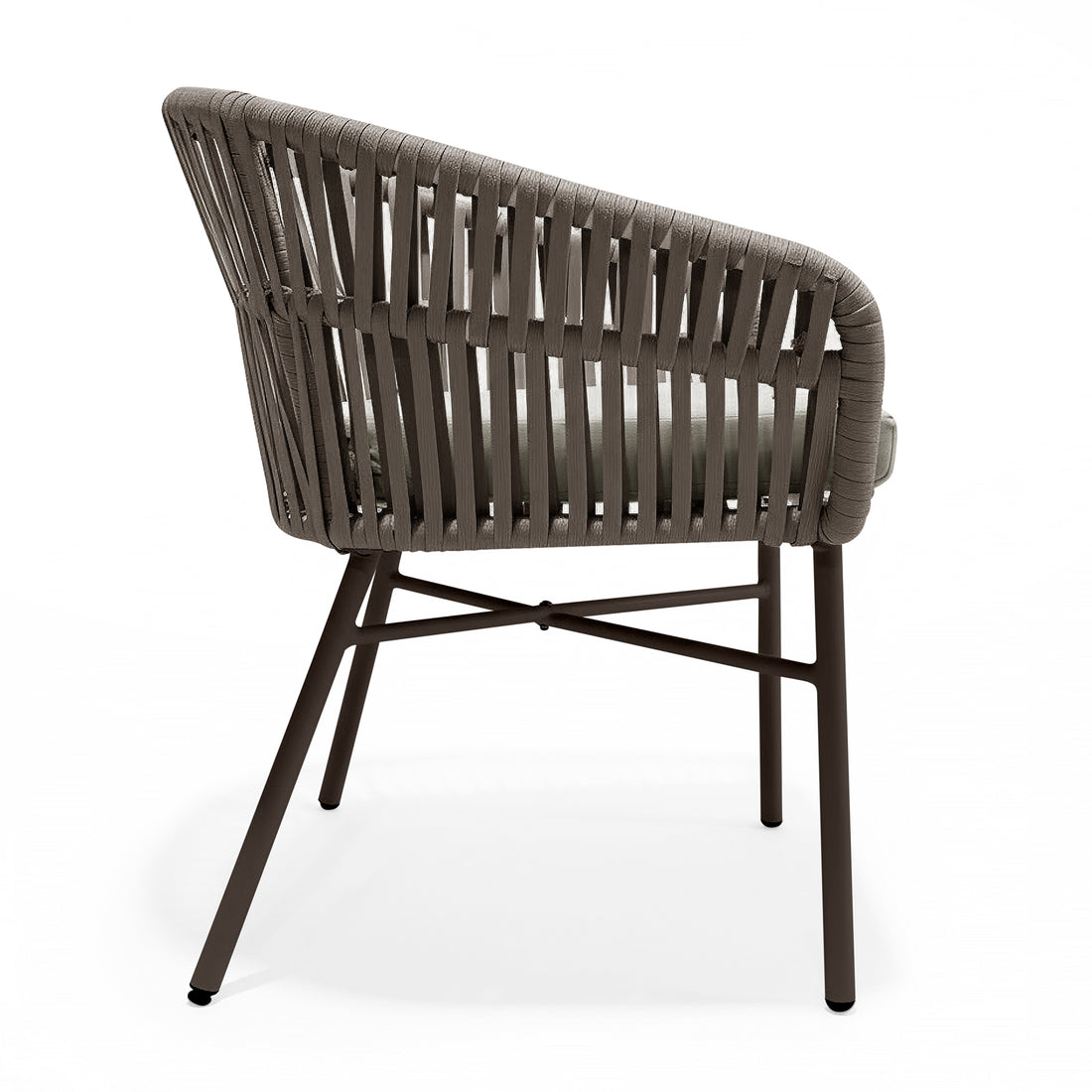 Marula Rope Outdoor Dining Chairs in Brown Set of 4: Modern armchairs with woven rope sides, simple seat cushions, and slender metal legs, ideal for indoor/outdoor lounging, combining style and comfort.