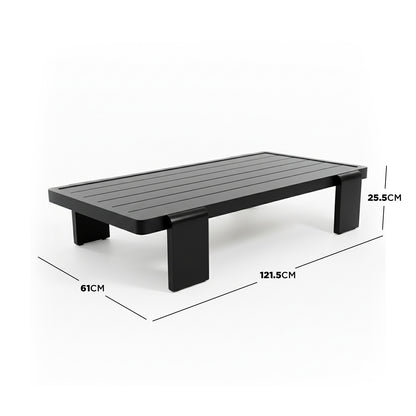 Modica 5 Seater Aluminium Outdoor Sofa Set in Black & Grey featuring sleek black aluminum frame, slatted low-profile design with U-shaped legs; ideal for modern outdoor lounging.