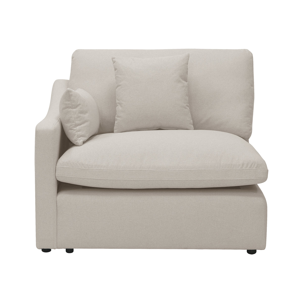 Beige upholstered corner chair on a white background