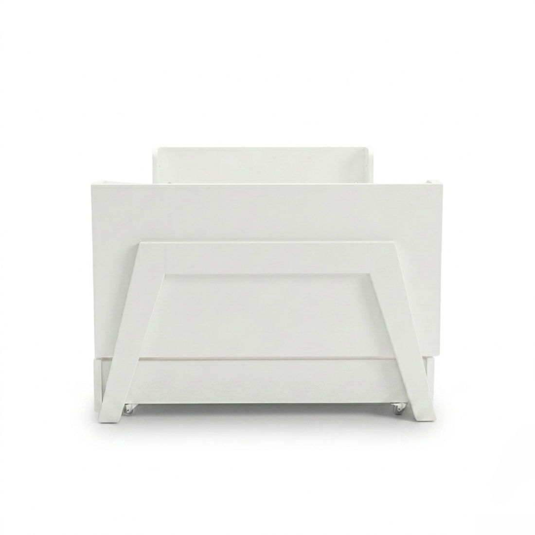 White crib on white background with A-frame base and wheels, full view
