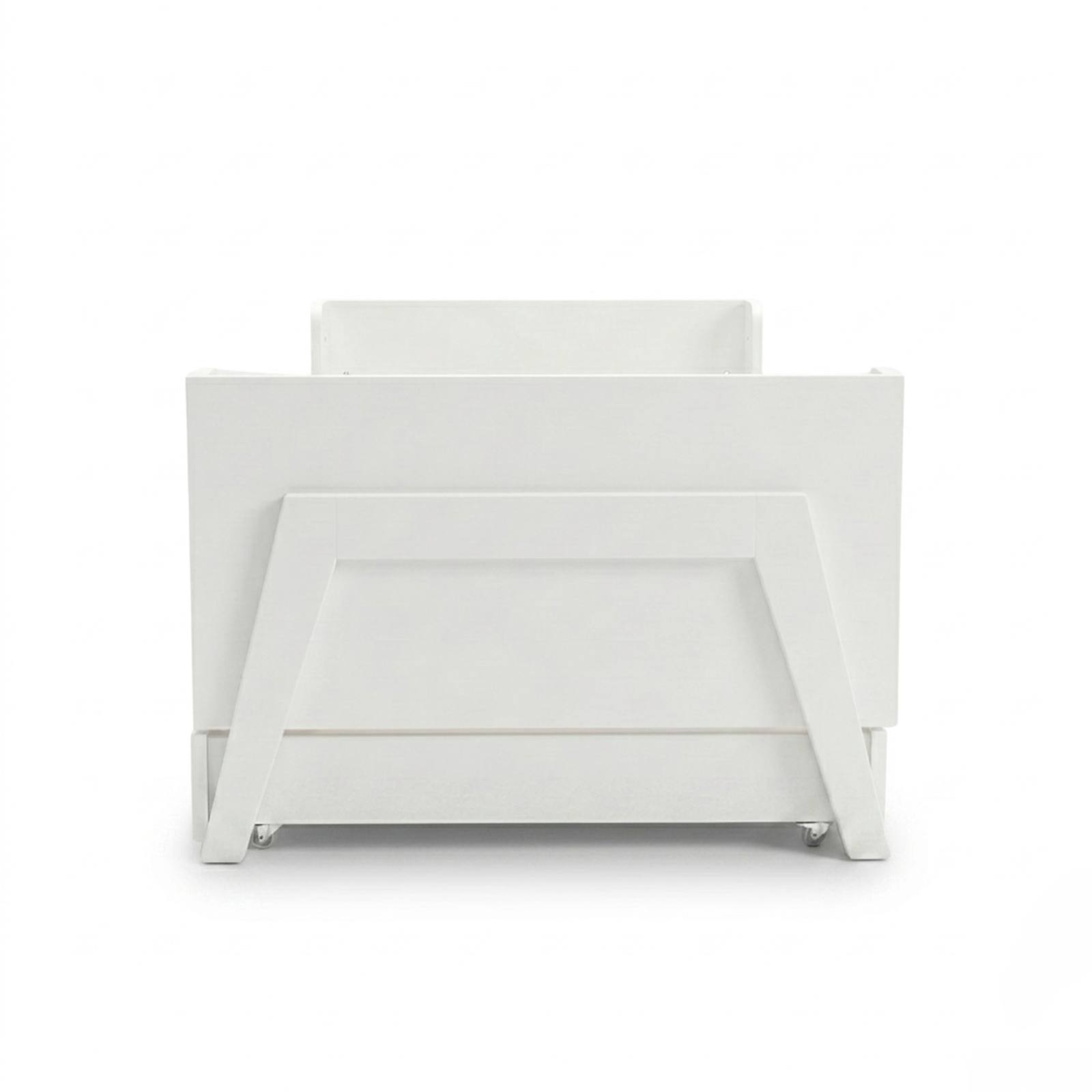 White crib on white background with A-frame base and wheels, full view