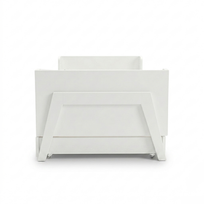 White crib on white background with A-frame base and wheels, full view