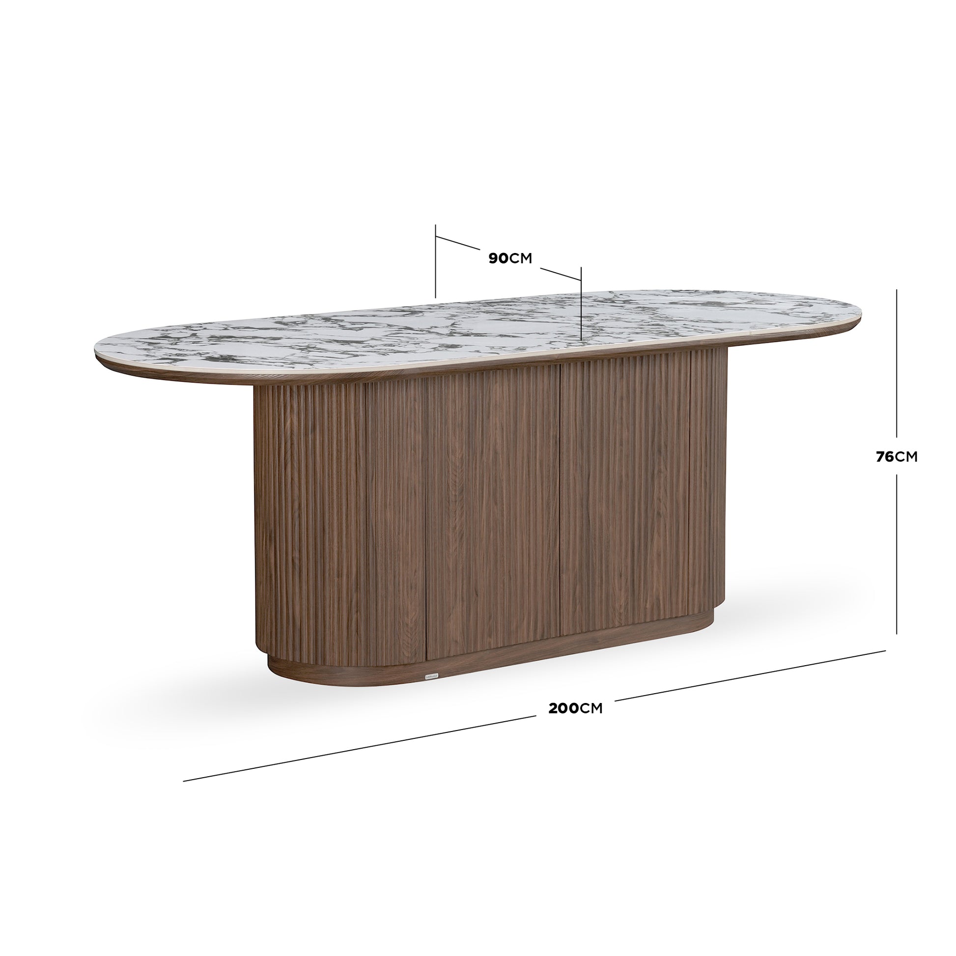 Oval dining table with marble top and wood base on white background showing dimensions