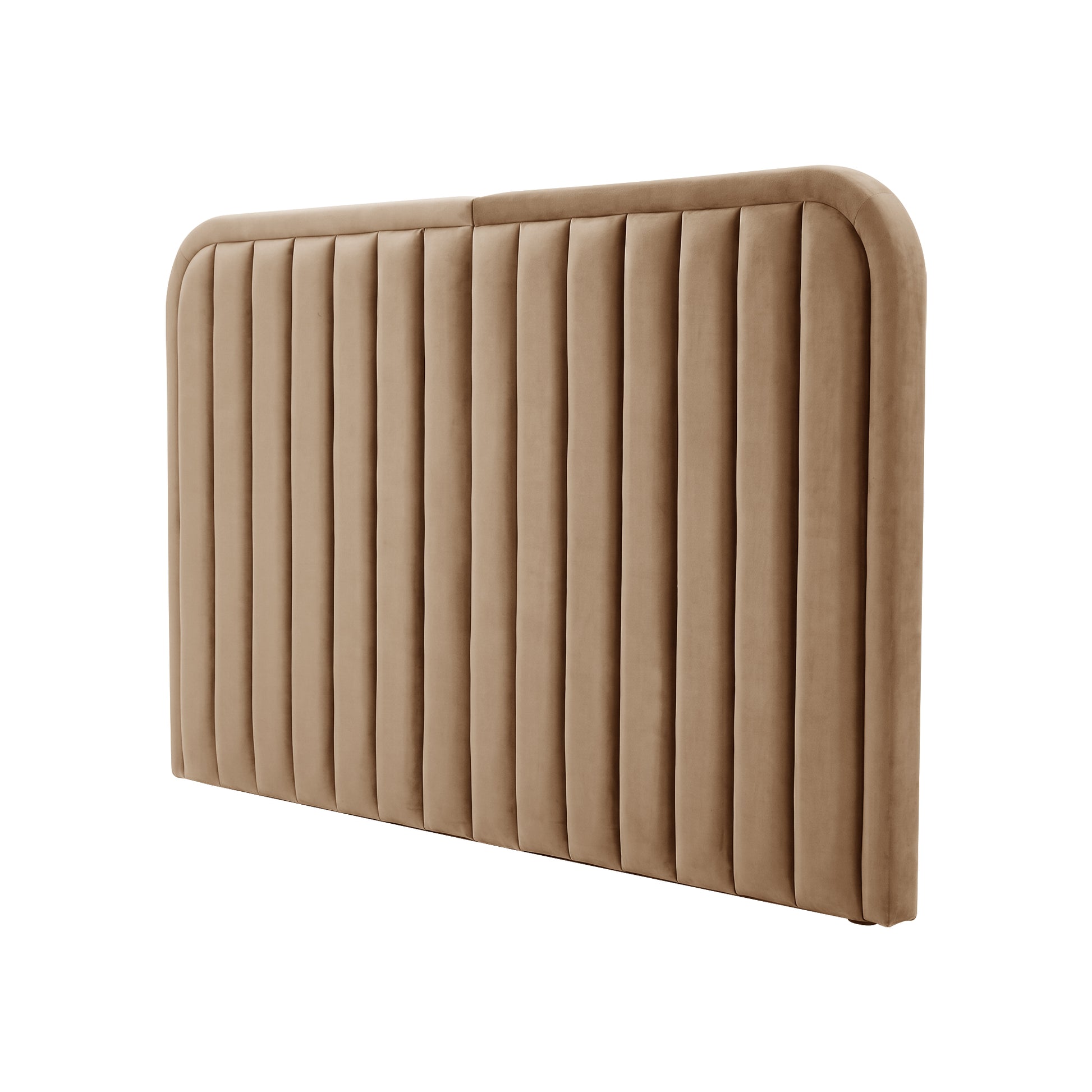 Angled view of tan upholstered headboard on white background