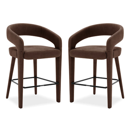 Pair of modern brown upholstered bar stools on white background