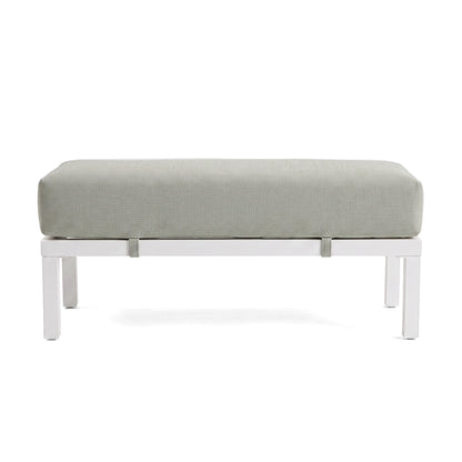 Modern outdoor bench or ottoman with light gray cushion on a white background