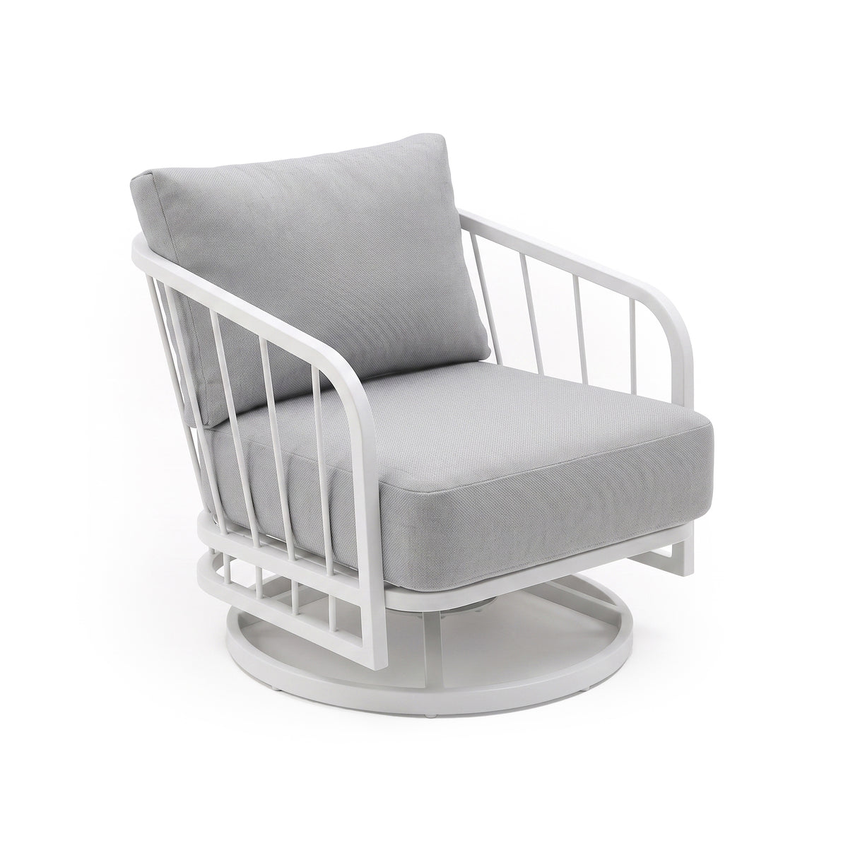 Modern armchair with white frame and light grey cushions on a white background