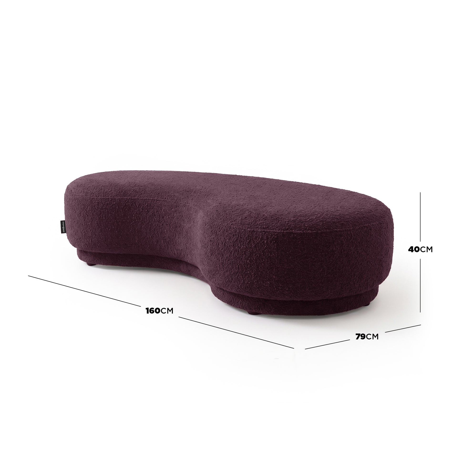 Plum kidney-bean shaped upholstered bench seat with dimension markers on a white background