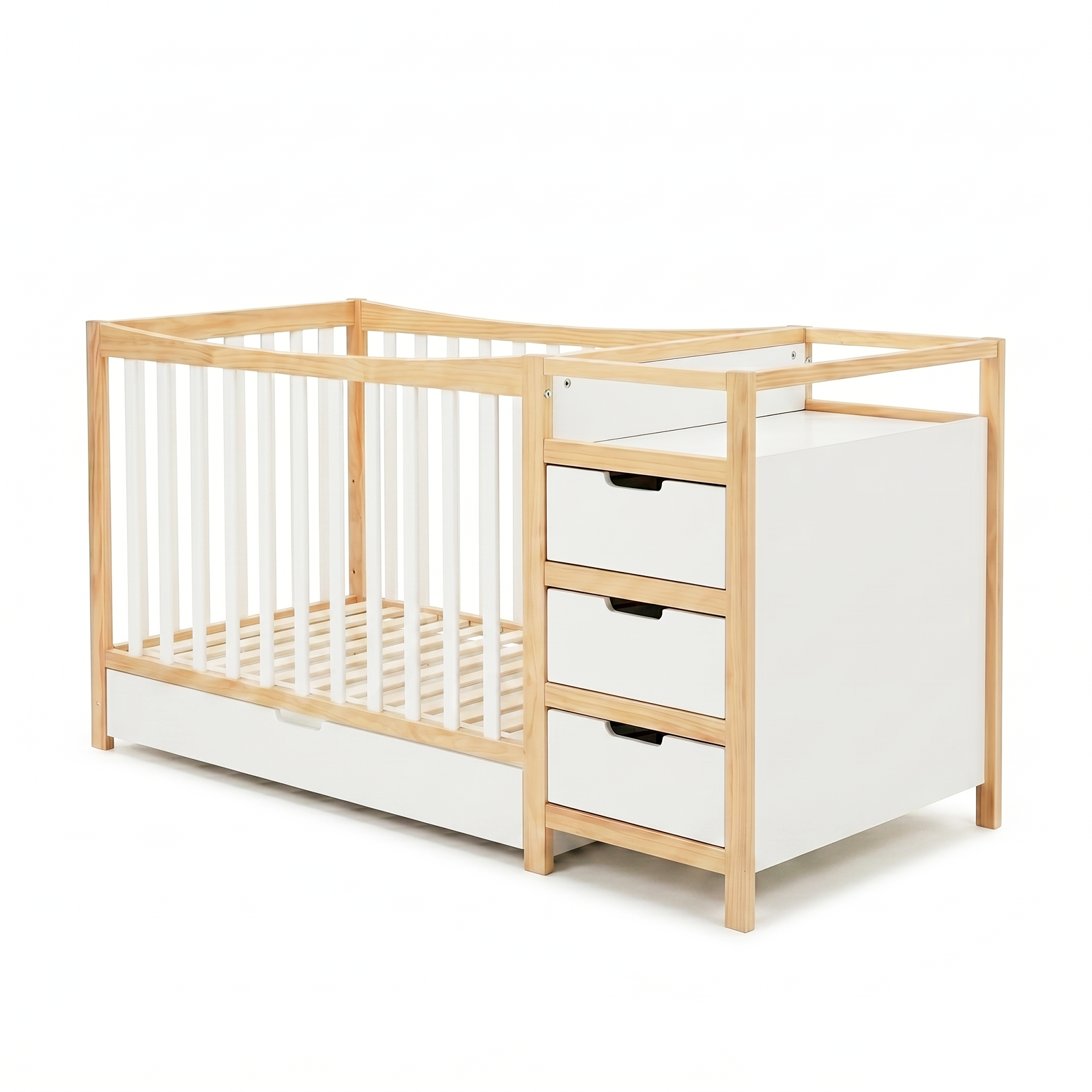 Modern baby crib with integrated changing table and drawers on a white background