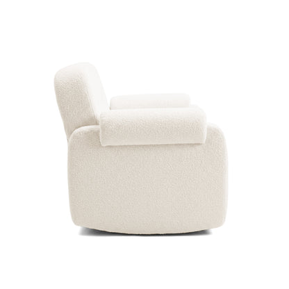 Side profile of plush armchair on white background
