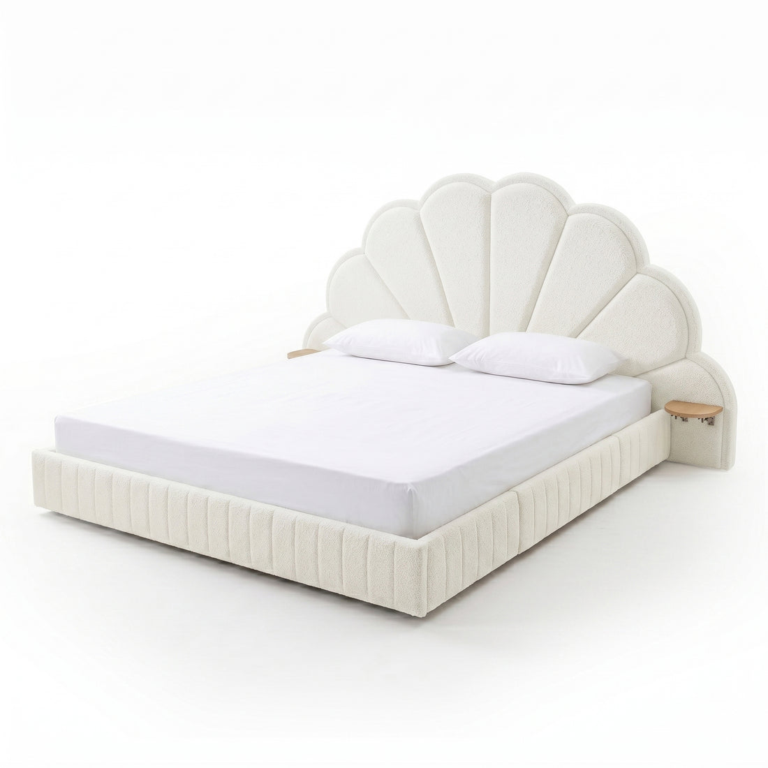 Modern scallop-shaped upholstered bed on white background