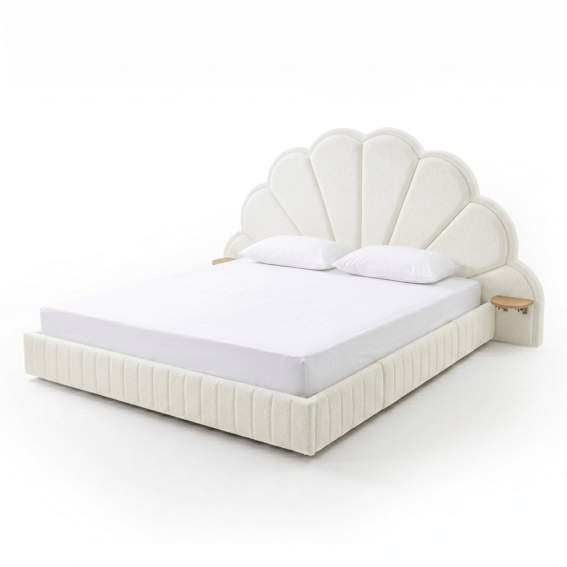 Modern scallop-shaped upholstered bed on white background