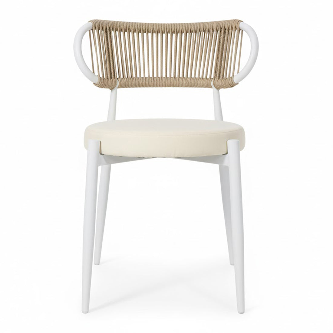 Cabria 9 Piece Sintered Stone Outdoor Dining Set in Beige, featuring a modern chair with a white metal frame, cream upholstered seat, and hoop-shaped rope backrest, exemplifies coastal minimalism for outdoor dining.